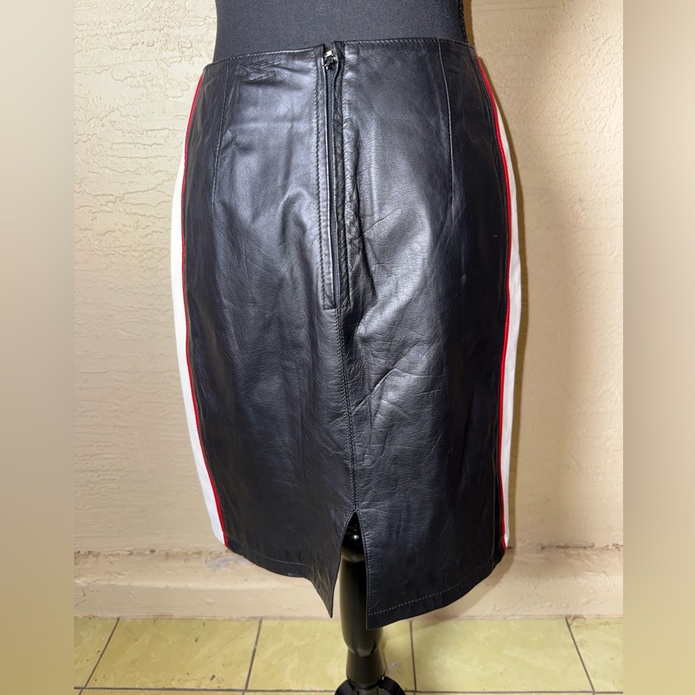 Vintage‎ CHIA Black Leather Pencil Skirt Biker Racing Stripe Y2K Size 10 - Picture 4 of 11